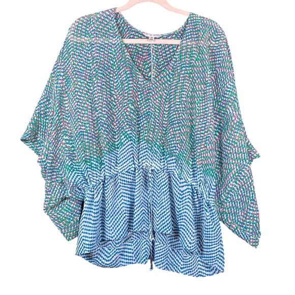 CAbi Womens Blouse Multi Geometric Drop Waist Kimono Sheer V Neck Stretch S - Picture 1 of 13